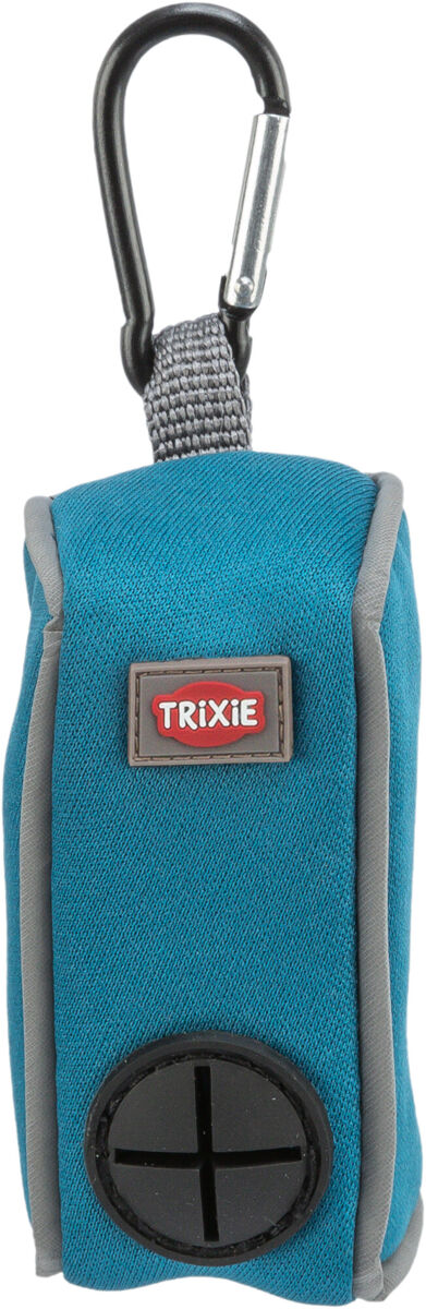 Blaue Tasche mit grauem Rand, schwarzem Karabiner und einem "TRIXIE"-Logo, unten ein schwarzer gitterförmiger Einsatz.