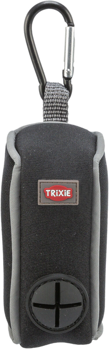 Kompakte schwarze Tasche mit grauen Details, Logo "Trixie", Karabinerhaken oben und rundem Schlitz unten.