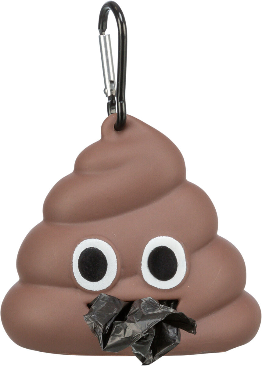 Brauner, cartoonartiger Behälter in Form eines Häufchens mit großen Augen und schwarzem Karabinerhaken.