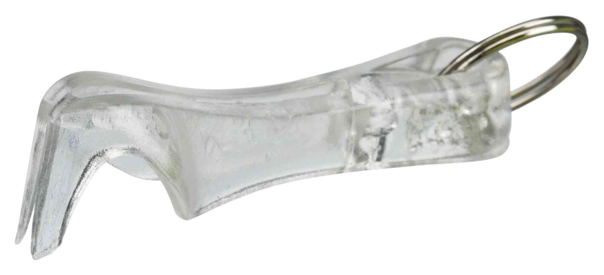 Durchsichtiger Flaschenöffner aus Kunststoff mit eigenartiger Form und einem kleinen Metallring an einem Ende.