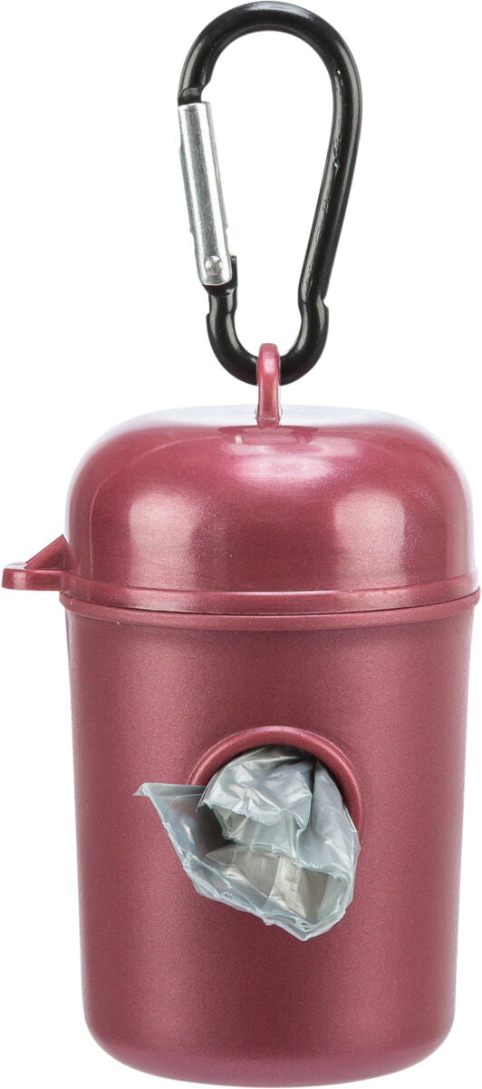 Roter Behälter mit schwarzem Karabinerhaken und herausragendem grauem Plastikbeutel.