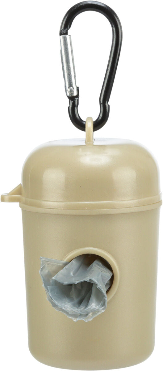 Beige Kunststoffbehälter mit schwarzem Karabiner und einer Öffnung, aus der ein grauer Beutel herausragt.