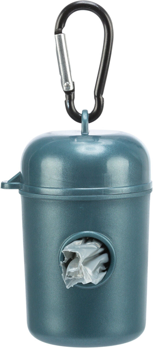 Blauer Kunststoffbehälter mit Karabinerhaken und Spenderöffnung, aus der eine Rolle Plastiktüten ragt.