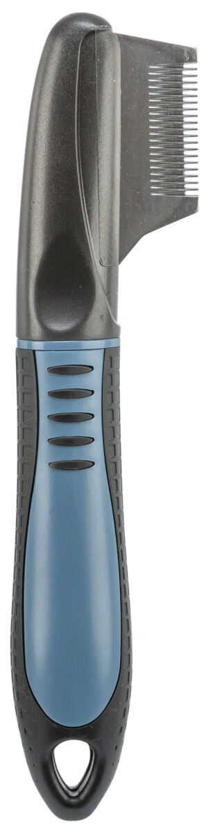 Kamm mit blau-schwarzem, ergonomisch geformtem Griff und feinen Metallzinken zum Entfernen von Tierhaaren.