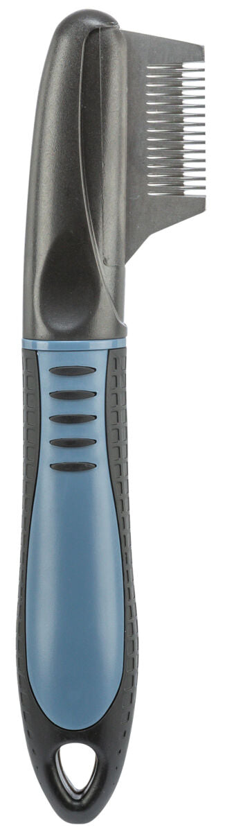 Grau-schwarzer Kamm mit blauem Griff und feinen Metallzinken, ergonomisch geformt.