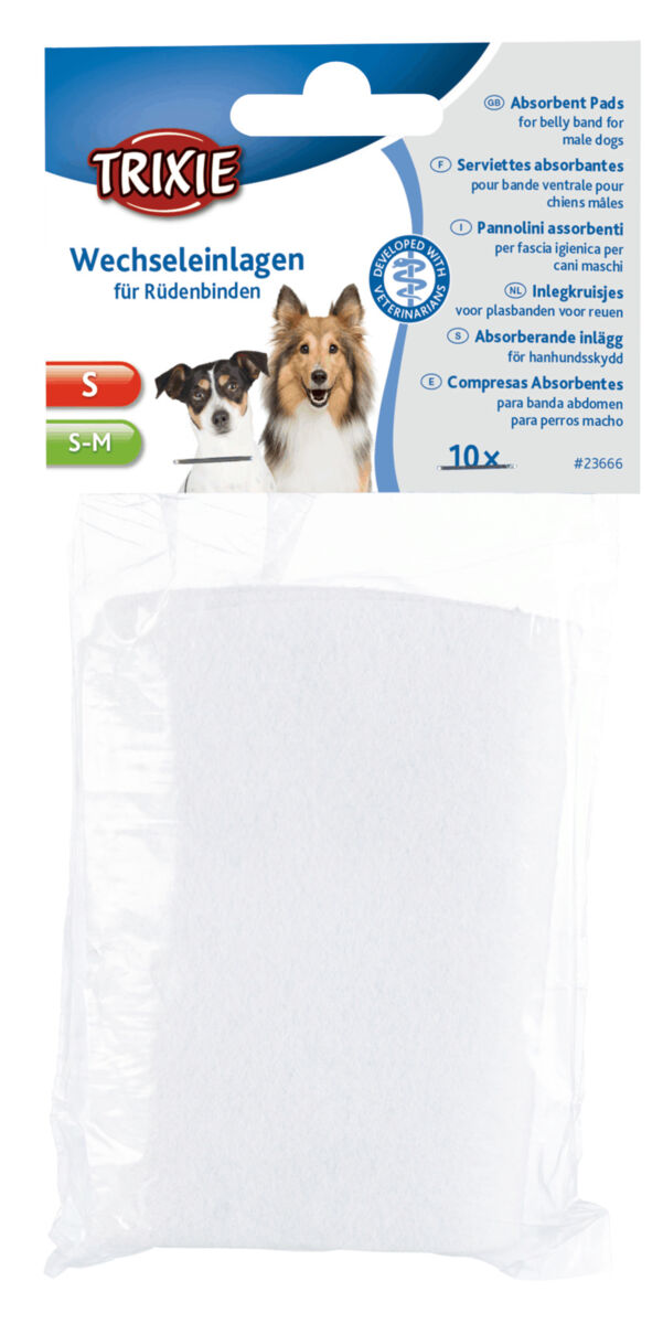 Verpackung mit Trixie Wechseleinlagen für Rüdenbinden, zeigt zwei Hunde und Text in verschiedenen Sprachen.