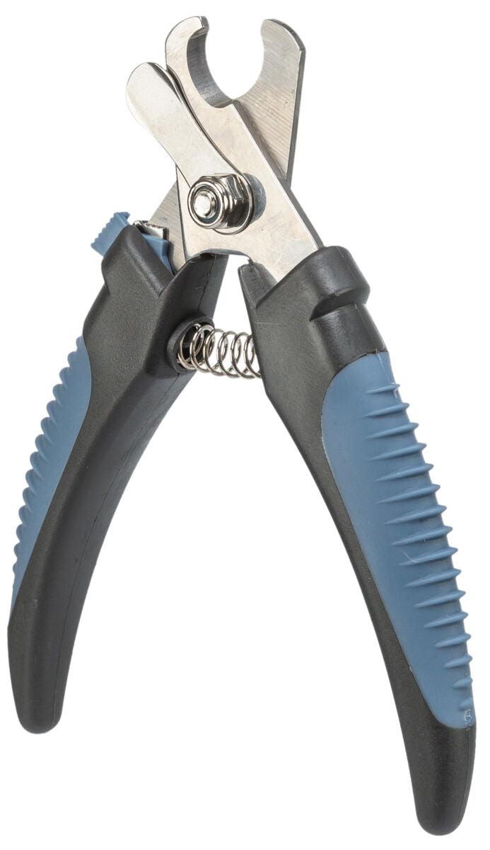 Nagelknipser mit schwarzem Griff und blauen Details, ausgestattet mit einer Feder zwischen den Griffen.