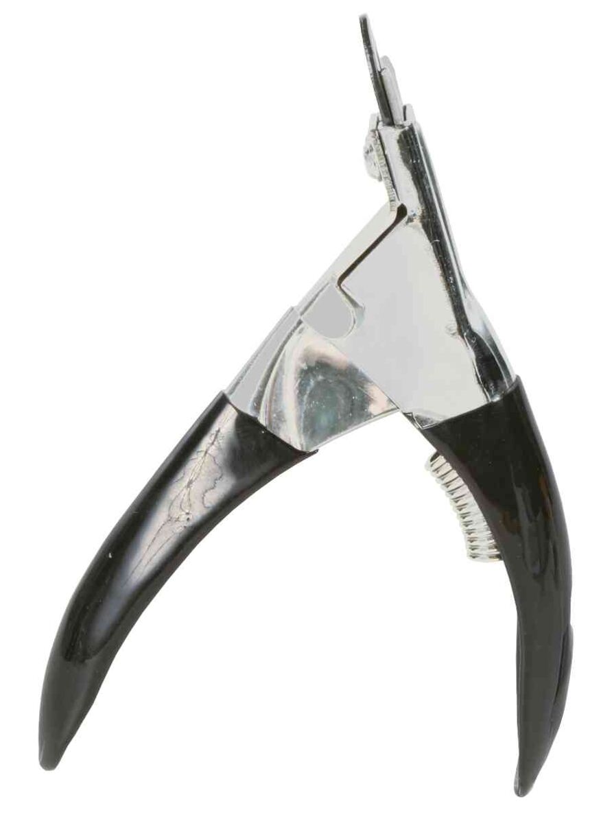 Metall-Zange mit schwarzem Griff und gebogenem Design, möglicherweise für die Nagelpflege geeignet.