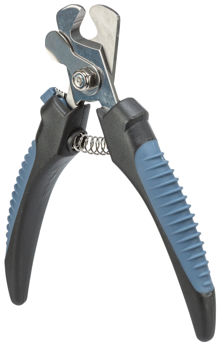 Nagelschere mit blau-schwarzen rutschfesten Griffen und Metallklingen mit Schraubenverbindung.