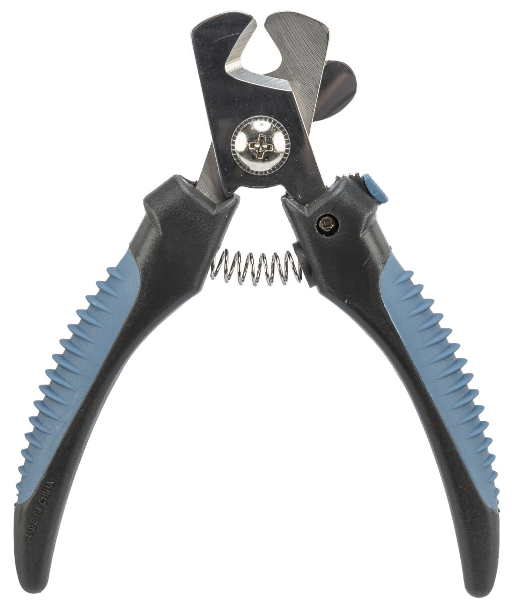 Nagelknipser mit blauen Griffen und Federmechanismus in der Mitte, aus Metall und Kunststoff.