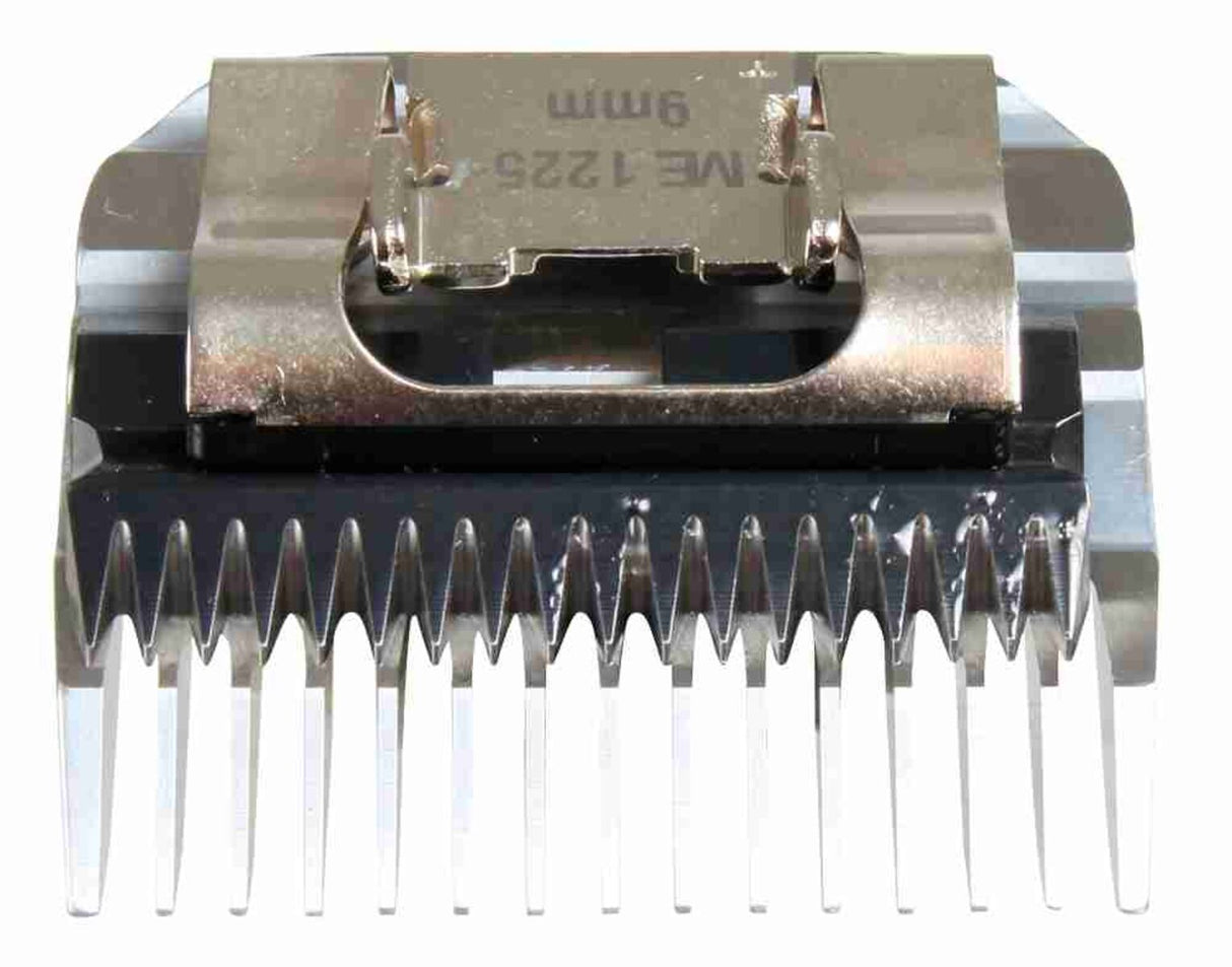 Metall- und Kunststoffaufsatz mit gezahnten Kanten und spiegelnder Oberfläche, beschriftet mit "9mm".