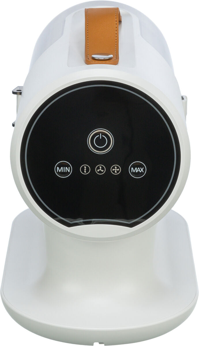 Weißes Gerät mit rundem schwarzen Bedienfeld, Knöpfen für Ein/Aus, Minimum und Maximum, braunem Griff.