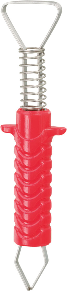 Roter Kunststoffgriff mit silberner Metallspirale und dreieckiger Halterung an einem metallischen Werkzeug.