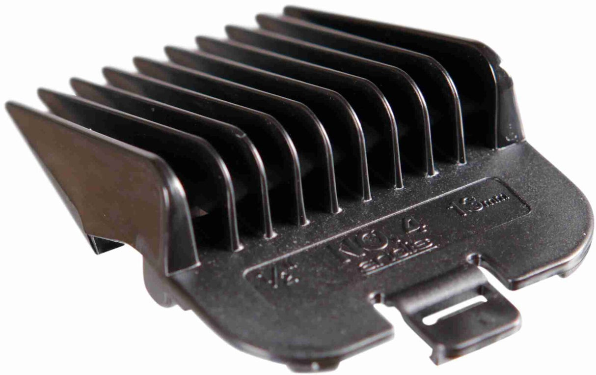 Schwarzer Kammaufsatz für Haarschneidemaschinen mit 1/2 Inch 13 mm Prägung, mehrere parallel verlaufende Zinken.