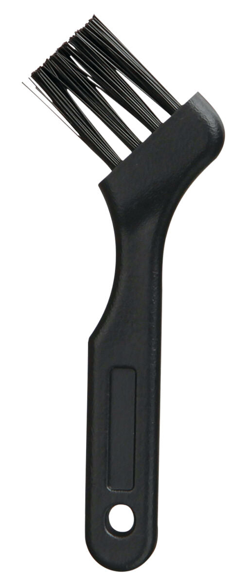 Eine schwarze Reinigungsbürste mit kurzem Stiel und dicken, stabilen Borsten, geeignet für schwer zugängliche Stellen.