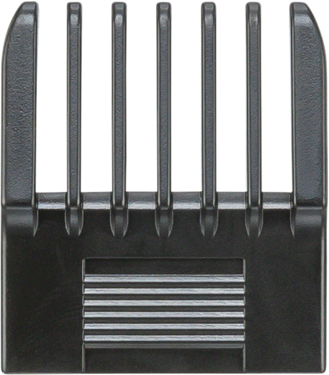 Schwarzer Kunststoff-Kammaufsatz mit sieben gleichmäßig angeordneten Zinken für ein elektrisches Haarschneidegerät.