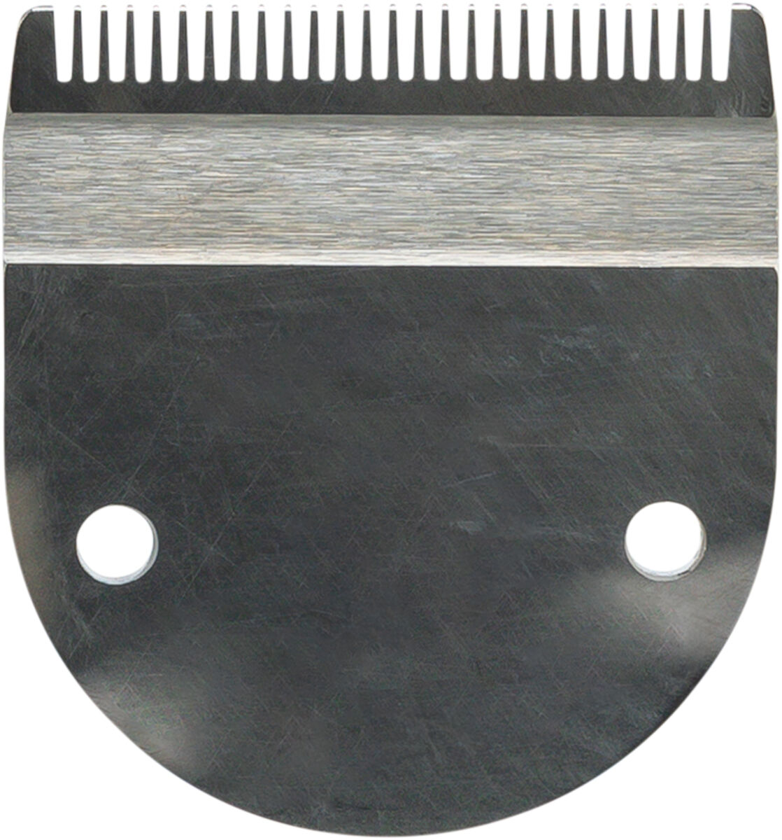 Ein silbernes, metallisches Schermesser mit feinen Zähnen und zwei Löchern unten, rechteckige Form.