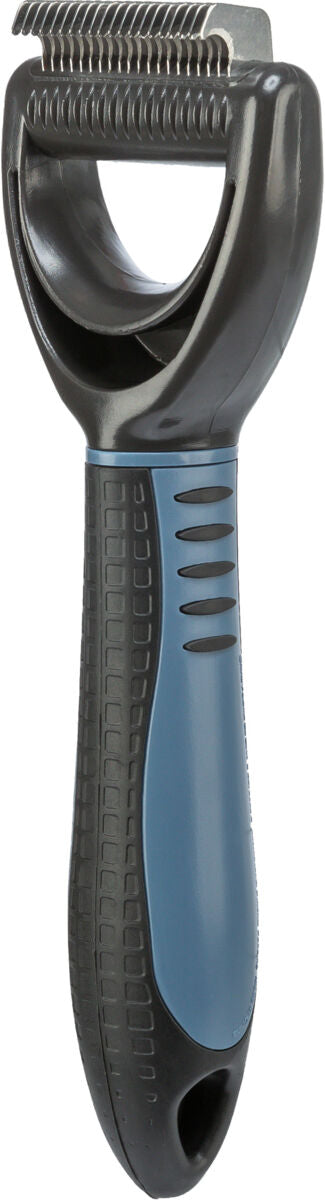 Handliches Pflegewerkzeug mit blau-schwarzem Griff und metallener Klingenkante, ideal zum Entwirren von Fell.