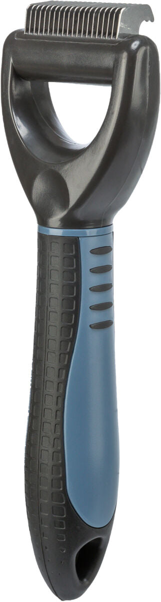 Handbürste mit schwarzem Griff und blauer Gummierung, silberne Metallzähne oben, ergonomisches Design.