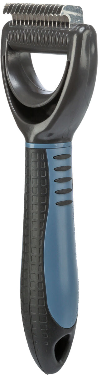 Schwarz-blauer, ergonomisch geformter Tierpflegekamm mit metallischen Zinken und strukturiertem Griff.