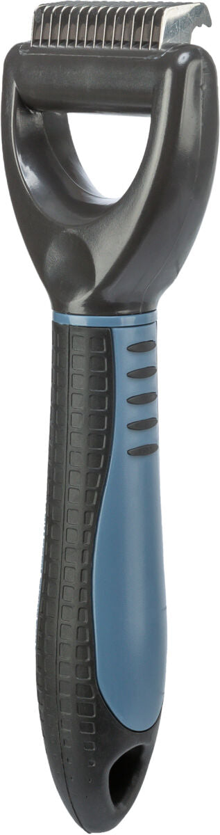 Kamm mit schwarzen und blauen Griffen und silbernen Zähnen.