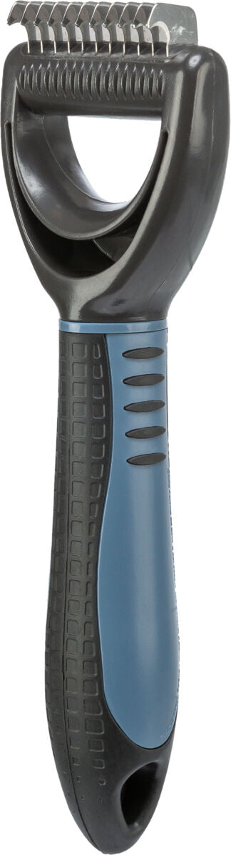 Handbürste mit schwarzem und blauem Griff, oben Metallzinken in zwei Reihen, zum Entfilzen von Tierhaaren.