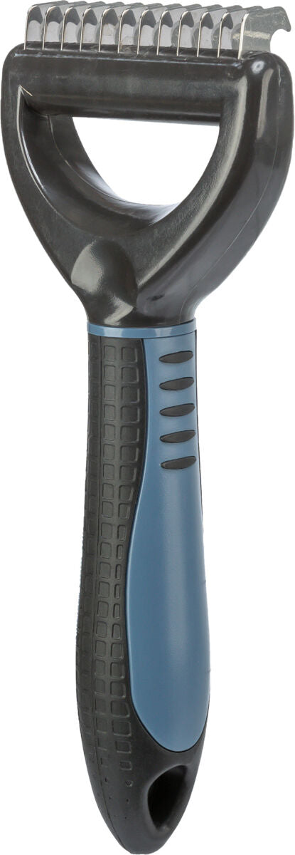 Kamm mit schwarzem Griff und blauen Akzenten sowie silbernen Metallzinken für die Fellpflege.