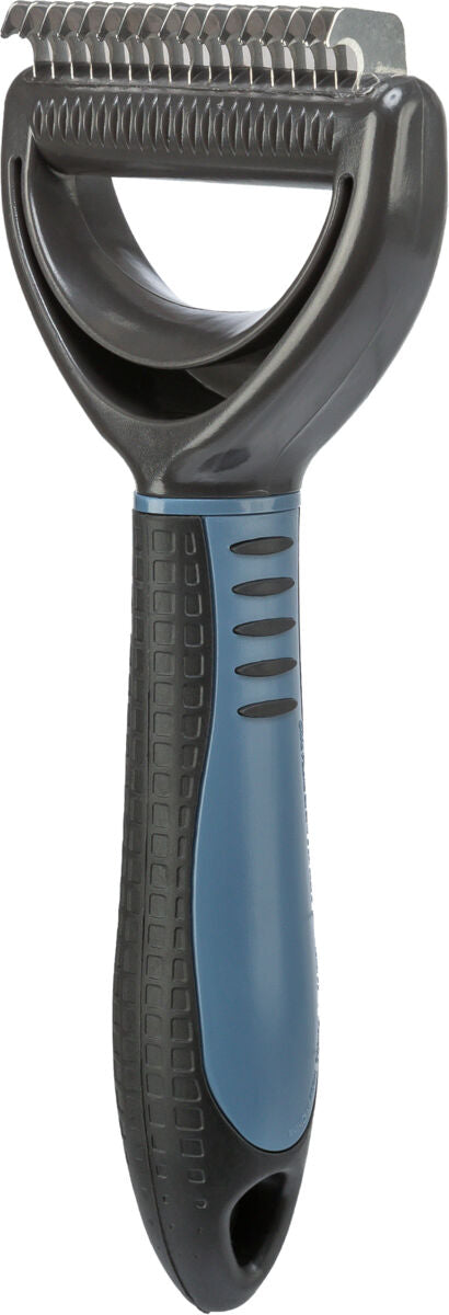 Graumetallisches Enthaarungswerkzeug mit robustem schwarzen Griff und blauen Akzenten, obere Klingenreihe sichtbar.