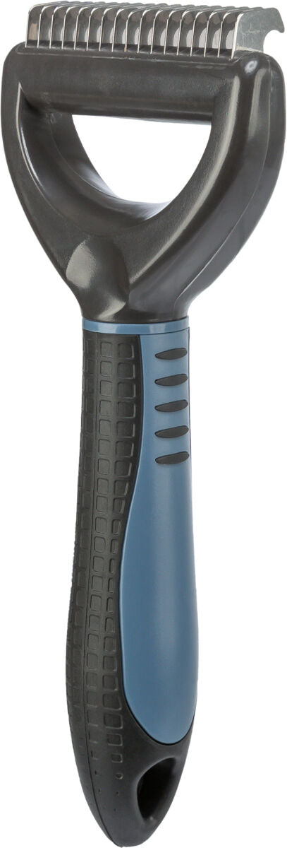 Groomingwerkzeug mit schwarzem und blauem Griff und metallischen Klingen in einer Hufeisenform.