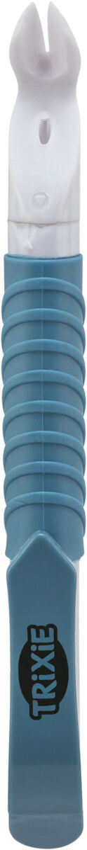 Blau-weißer Gegenstand mit geriffeltem Griff und schmalem Mundstück, darauf der Text "Trixie".