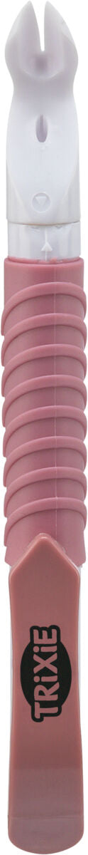 Rosa und weißes Objekt mit gerippter Oberfläche, oben schaufelförmig geöffnet, unten schwarzer Schriftzug "Trixie".