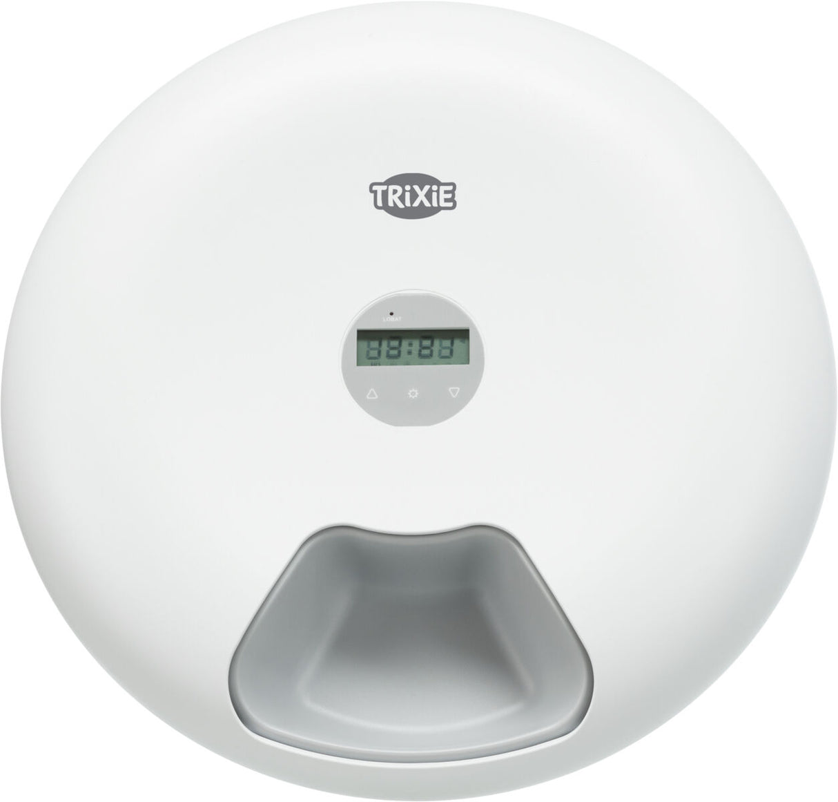 Rundes, weißes Gerät mit digitalem Display und einem Öffnungsschlitz, Markenname "TRIXIE" oben erkennbar.