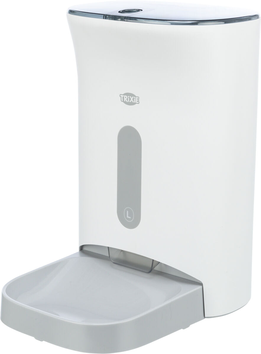 Automatischer Futterspender in Weiß mit grauem Einsatz und Schale, markiert mit "TRIXIE" und Label "L".