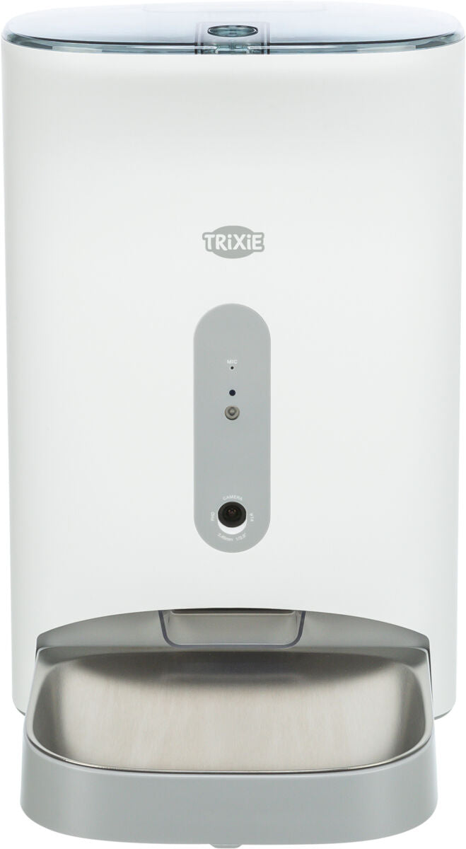 Automatischer Futterspender in Weiß mit grauer Fressnapfschale und integrierter Kamera auf der Vorderseite.