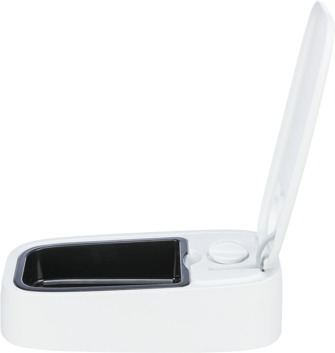 Weiße Box mit offenem Deckel und schwarzem Fach auf der linken Seite, zylindrischer Behälter rechts.