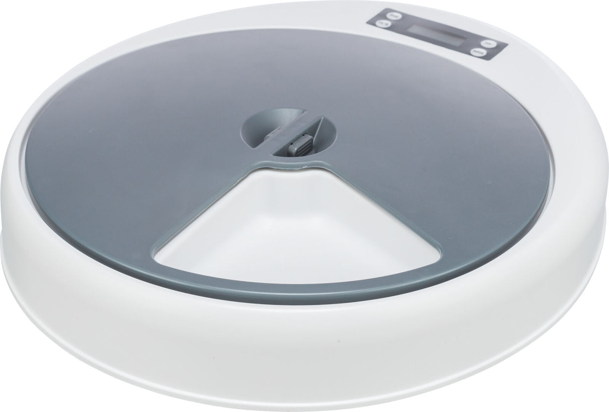 Runde, weiße Plastikschale mit grauem Deckel und digitalem Display.