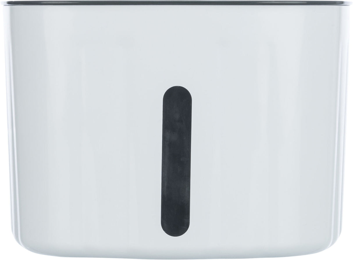 Weiße, rechteckige Kunststoffbox mit transparentem vertikalem Sichtfenster in der Mitte.