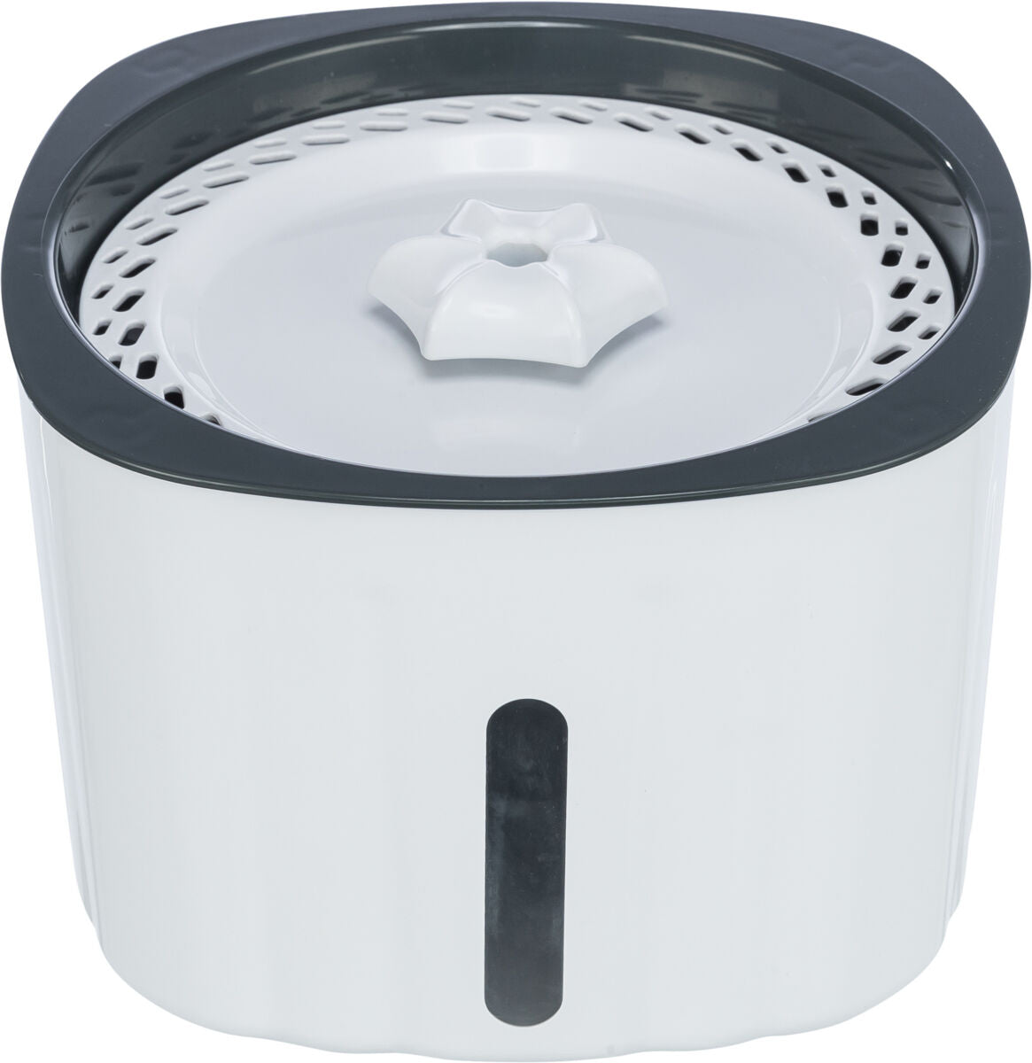 Weißer runder Behälter mit grauem Rand und einem dekorativen Element auf dem Deckel.