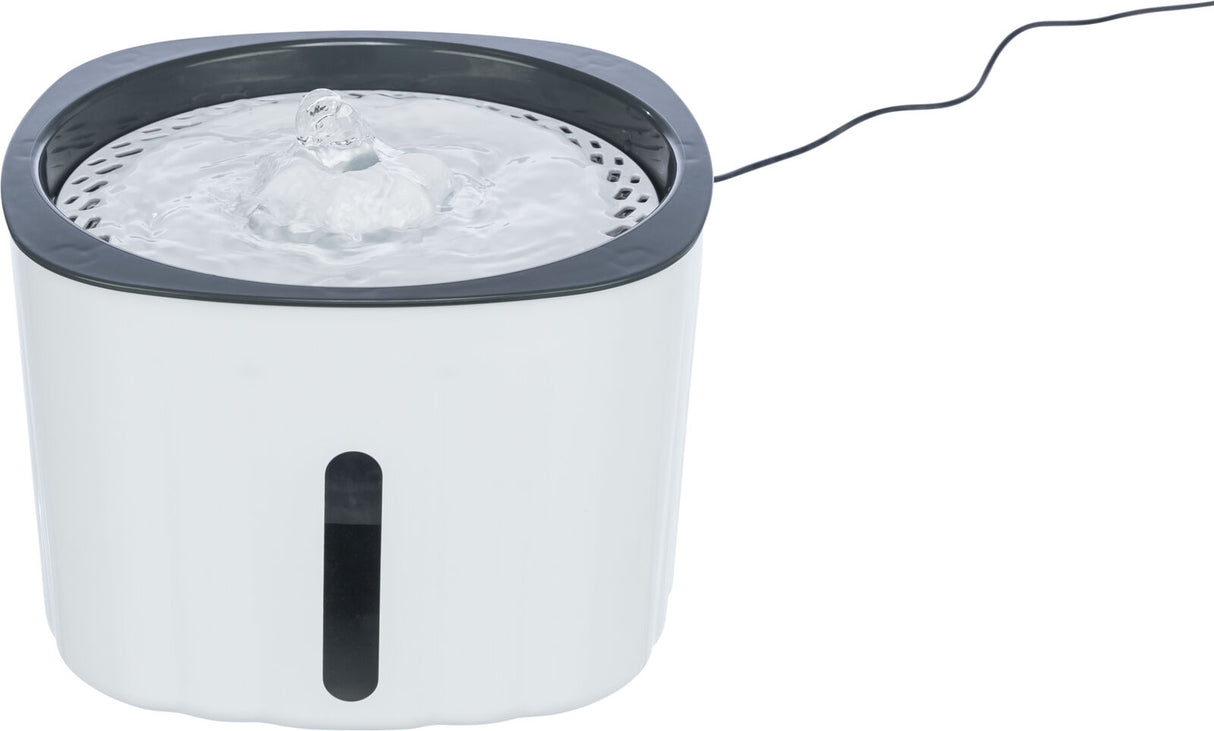 Weißer elektrischer Trinkbrunnen mit schwarzem Rand, sprudelndes Wasser, sichtbarer Wasserstand, mit Kabel.