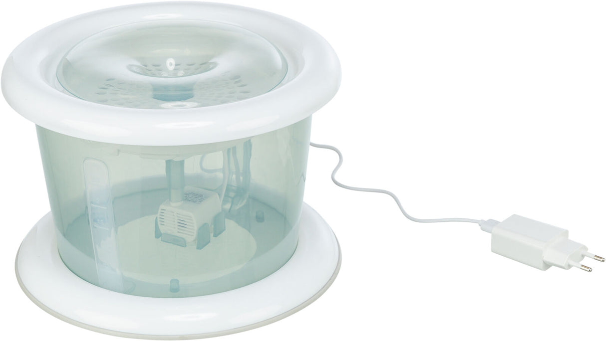 Transparenter, runder Behälter mit weißem Rand und abnehmbarem Deckel, Kabel und Stecker an der Seite.