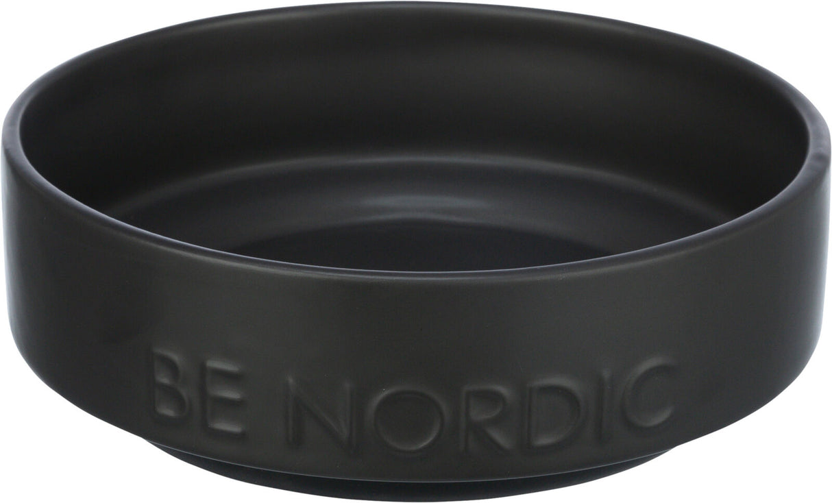 Schwarze runde Schüssel mit vertieftem Text "BE NORDIC" auf der Seite, mattes Finish.