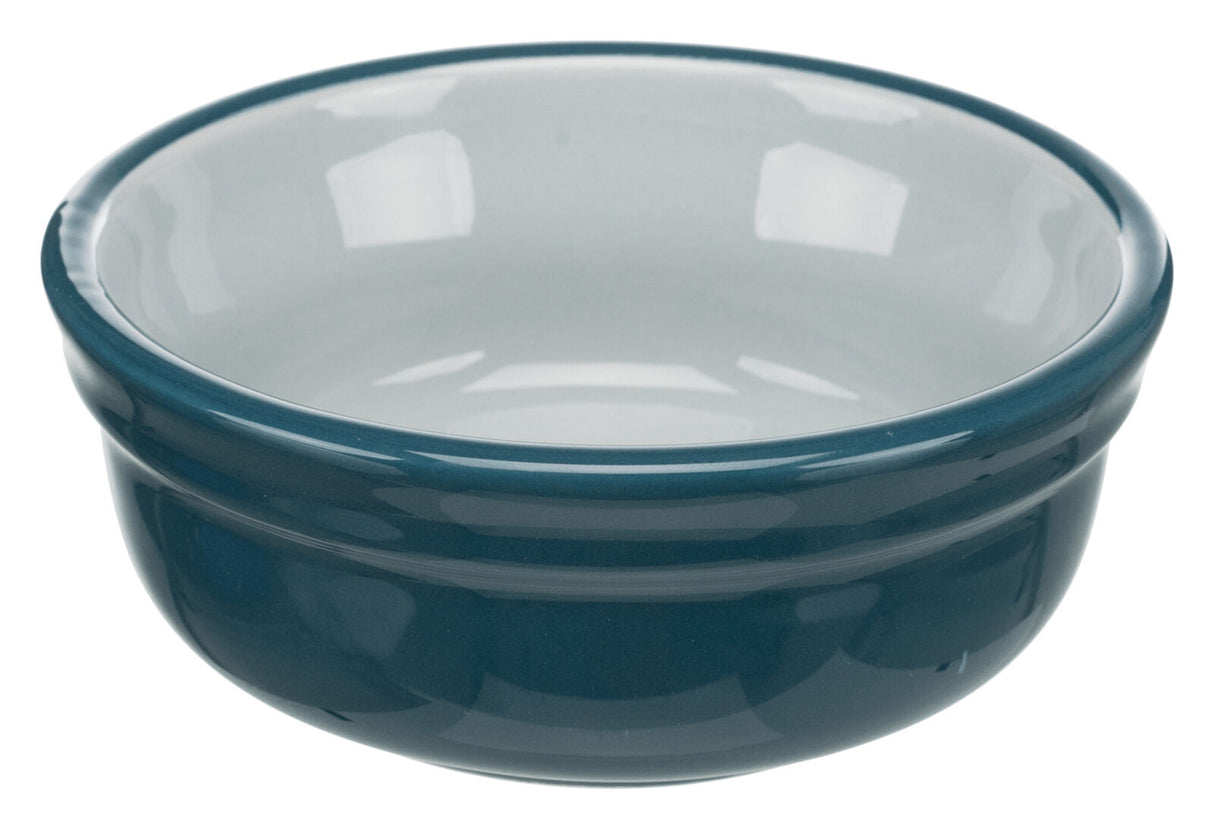 Runde Schüssel aus Keramik mit glänzendem, blauem Außenrand und weißem Innenbereich.