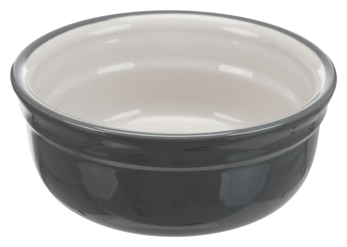 Graue, runde Keramikschale mit glänzender Oberfläche, weißem Innenraum und leicht erhöhtem Rand.