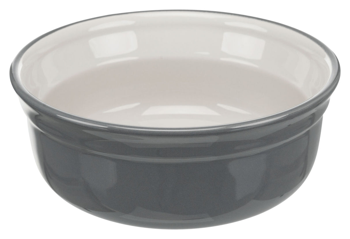 Graue, runde Schüssel mit weißem Inneren und glatter Oberfläche.