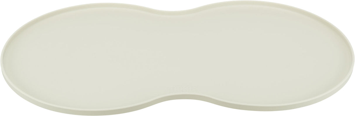 Elfenbeinfarbene, ovale Unterlage mit leicht erhöhtem Rand, glatt und schlicht gestaltet.