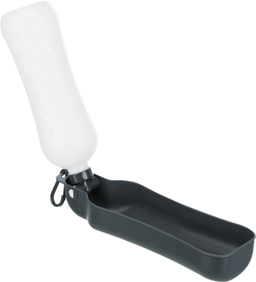 Tragbare Trinkflasche mit weißem Behälter und schwarzer Schale, verbunden durch einen Karabinerhaken.
