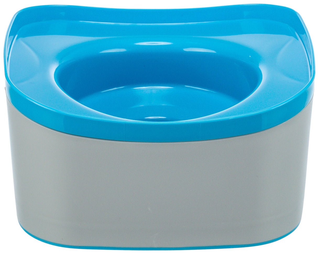 Blau-weißer Behälter mit abgerundeten Ecken und einer vertieften oberen Fläche.