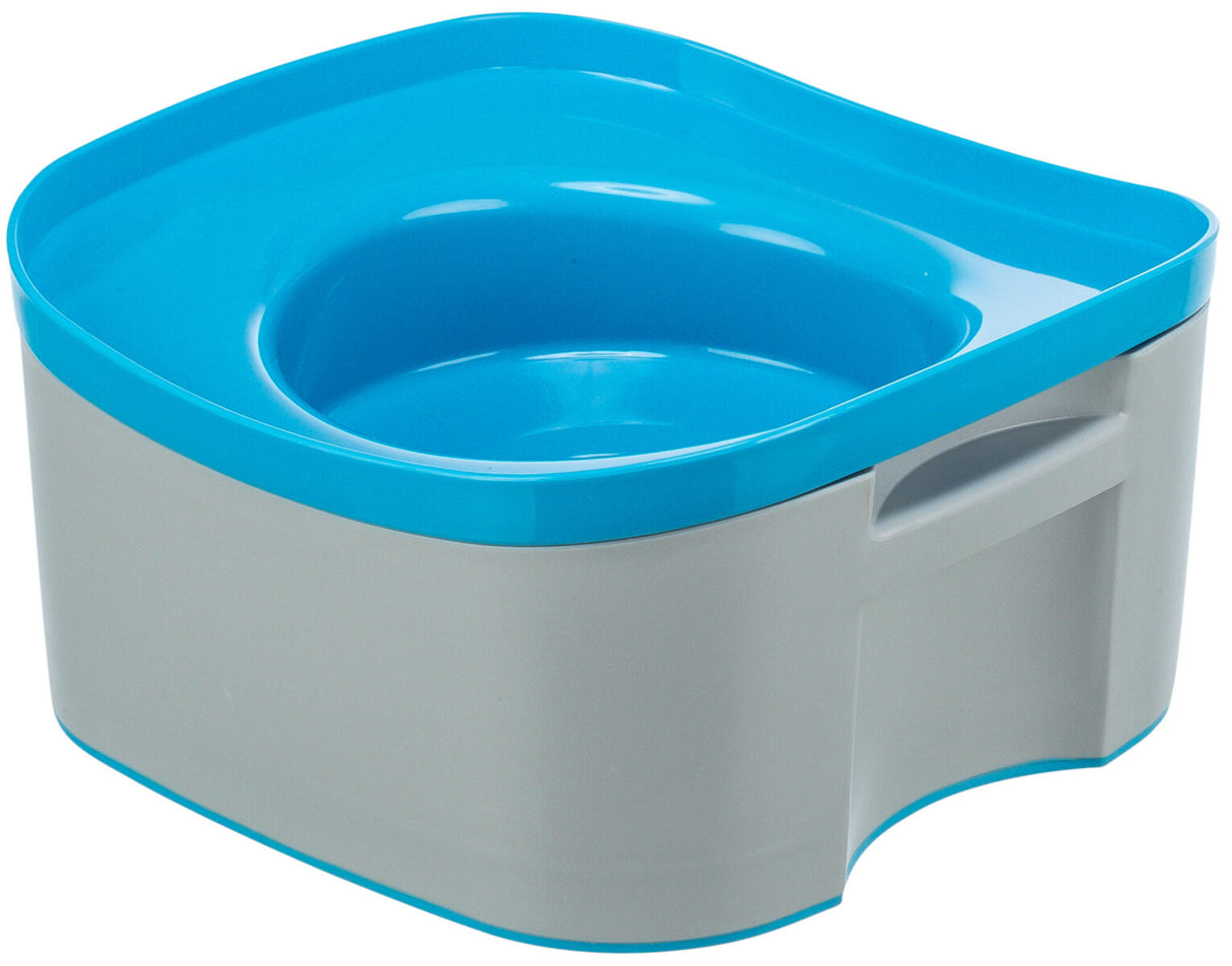 Grau-blauer, rechteckiger Plastikbehälter mit eingetiefter Mitte und seitlichem Griff.