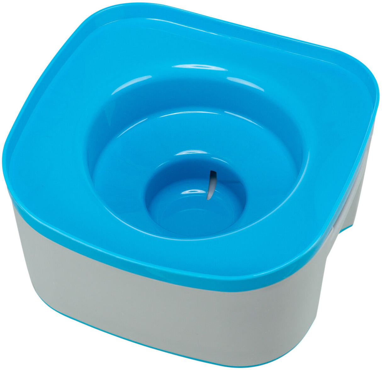 Quadratische, zweifarbige Schale mit blauem Rand und weißem Körper, mittig Vertiefung mit Schlitz.