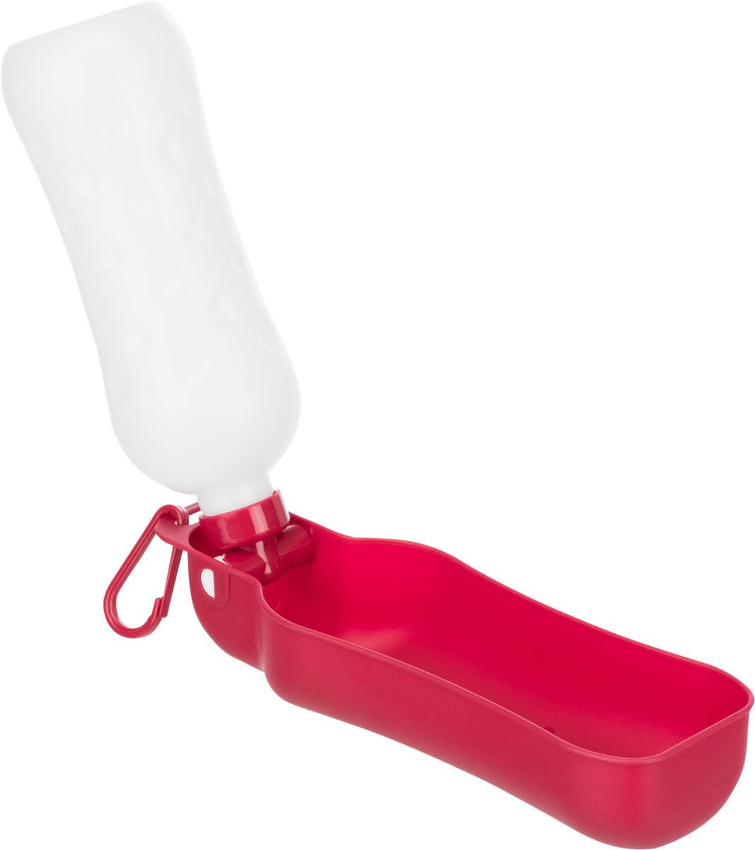 Weiße Flasche mit roter Schale und Karabinerhaken, Flasche wirkt als Trinkaufsatz.